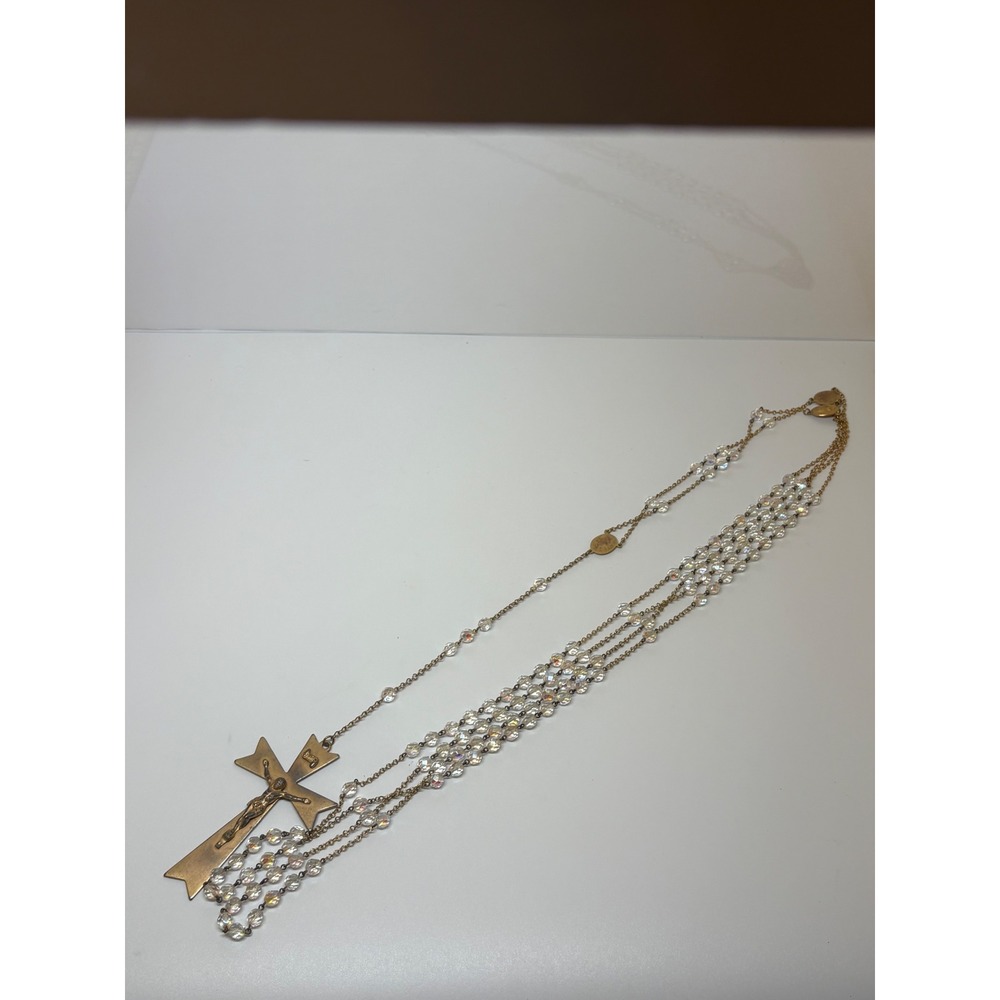 Vintage Aurora Borealis Crystal Rosary Necklace Large Brass Crucifix Cross 43in